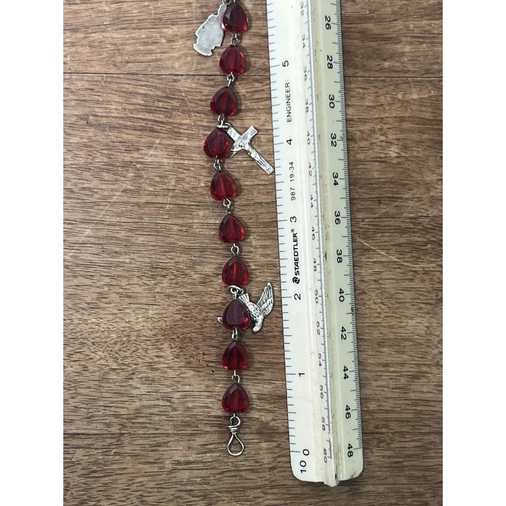 Vtg Religious Bracelet CHAPEL Co. Red Czech Glass Hearts Sterling Silver Charms